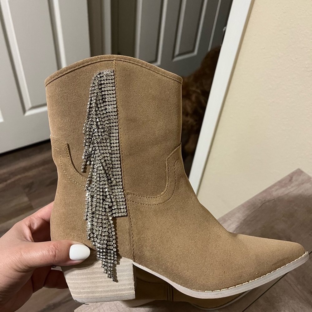 Tan Suede Western Ankle Boots with Rhinestone Fringe
